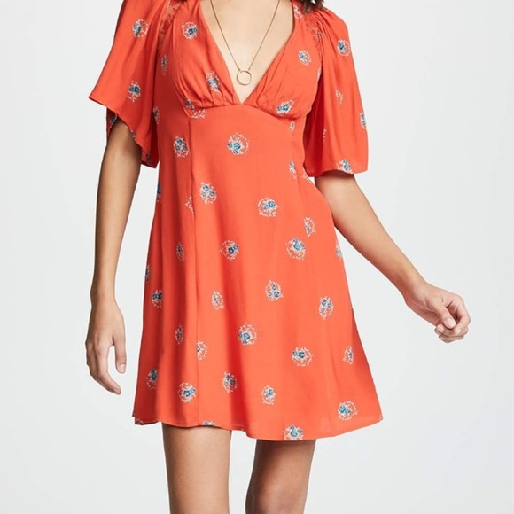 Free People FP Orange Floral Mockingbird Flowy Romantic Dress Size 0 - Picture 9 of 10